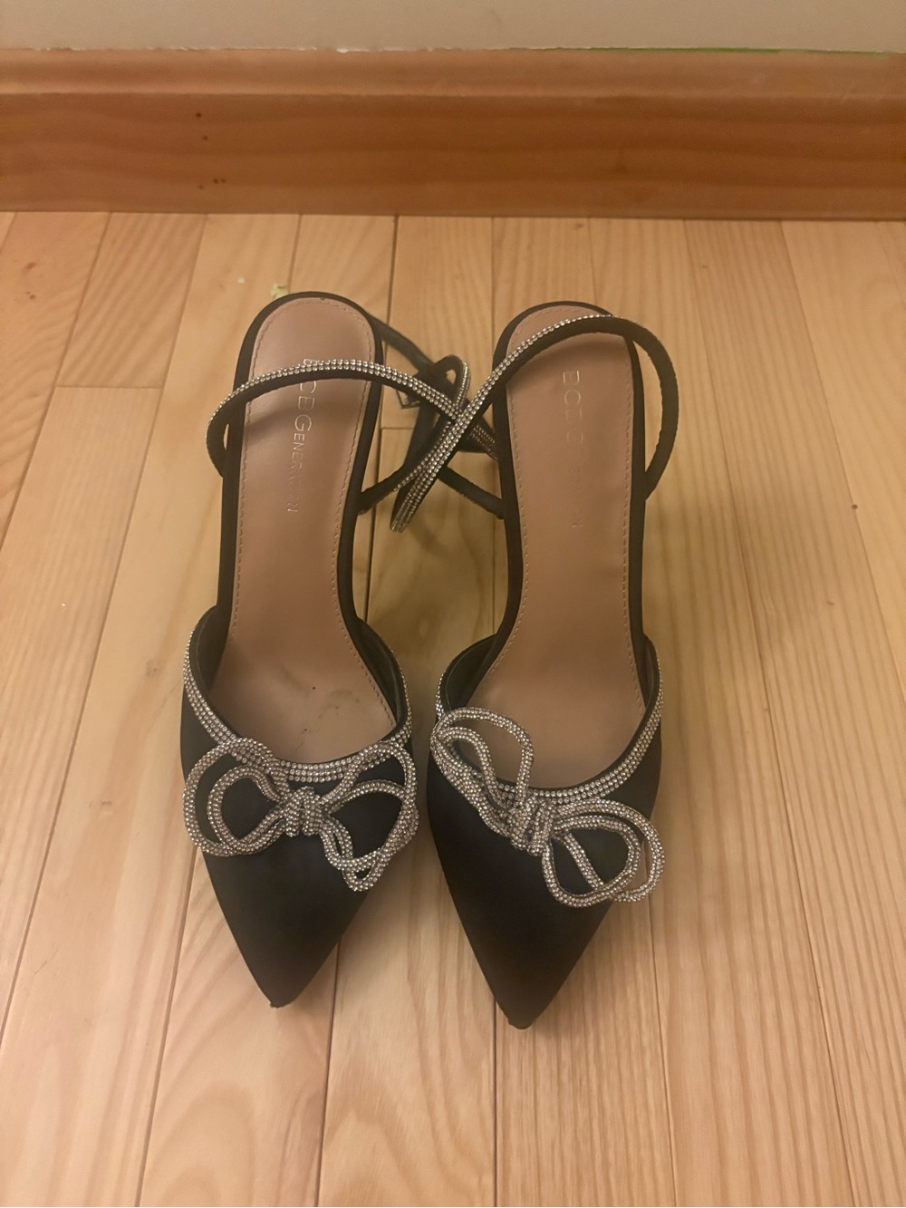 BCBG Black Satin Pointed Toe Slingbacks with Crystal Bow Trim